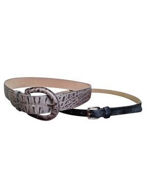 Set of 2 Talbots Women's Belts: Black Calf Hair S & Gray Leather Embossed 32